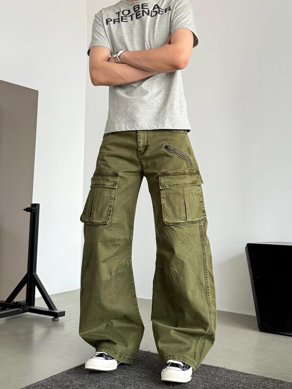 Japanese Brand Wide-Leg Cargo Pants in Olive Green Size US 32 / EU 48 - 4 Thumbnail