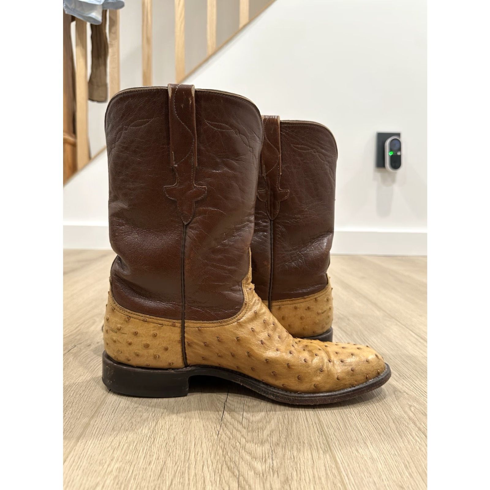 Roper Lucchese Boots Men 9B Full Quill Ostrich Roper L8128 Brown Leather Western Shoe Size 9 Mens Steps Pull On Size US 9 / EU 42 - 7 Thumbnail
