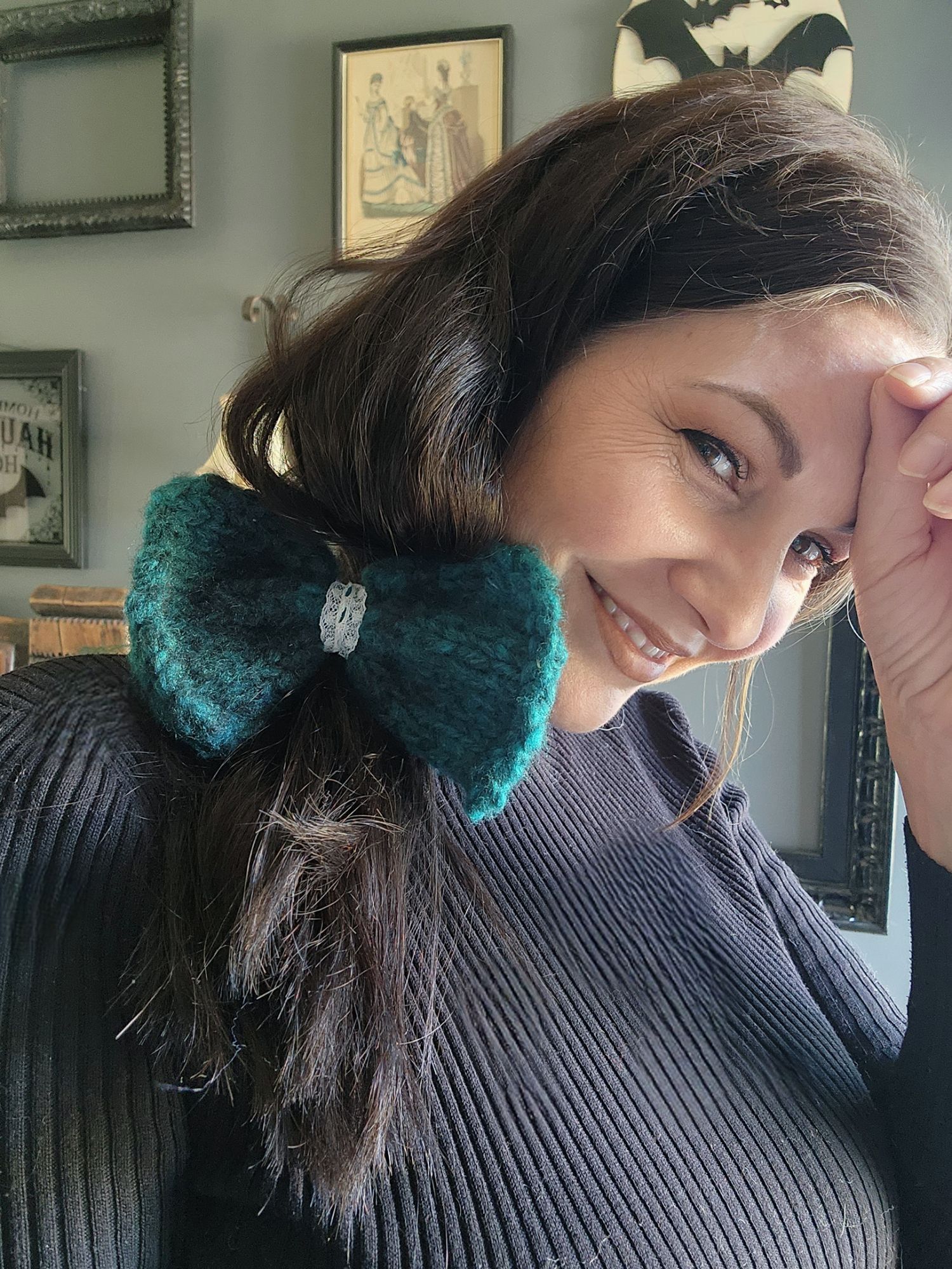 Handmade Knit Hair Bow, Handknitted Teal Ombre Ponytail Holder or Hai Size ONE SIZE - 7 Thumbnail