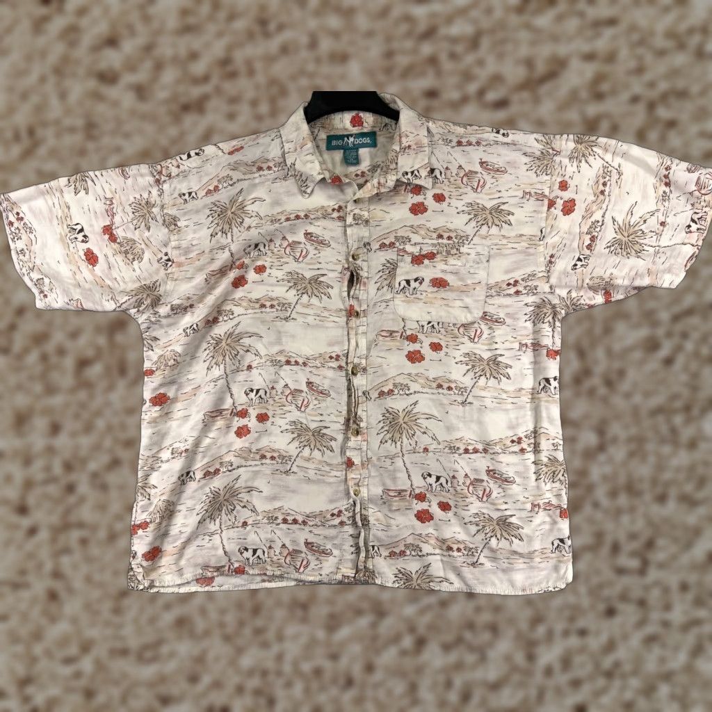 Big Dogs Big Dogs Shirt Adult 3XL Beige Floral Palm Island Rayon Hawaiian Button Mens Size US XXL / EU 58 / 5 - 1 Thumbnail