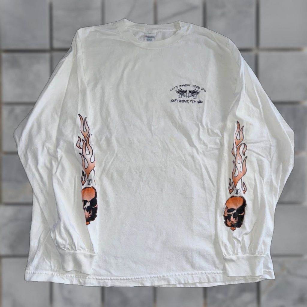 Vintage VINTAGE Y2K Motorcycle Long Sleeve Flames Skulls 2XL White Men Long Beach Graphic T-Shirt Size US XXL / EU 58 / 5 - 1 Thumbnail