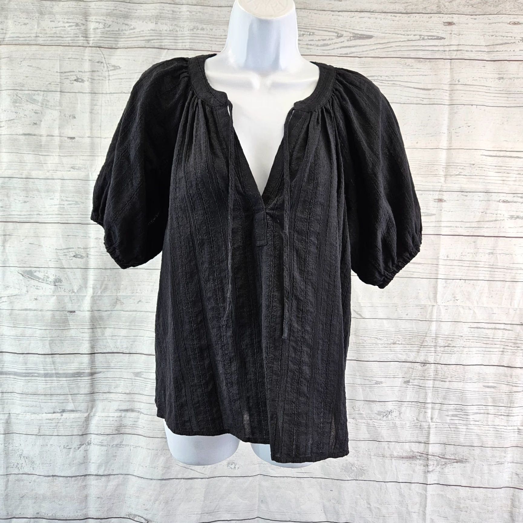Loft LOFT Ann Taylor Womens Top XS Solid Black Cotton V-Neck Short Sleeve Blouse Shirt, XS, Women Size XS / US 0-2 / IT 36-38 - 2 Thumbnail
