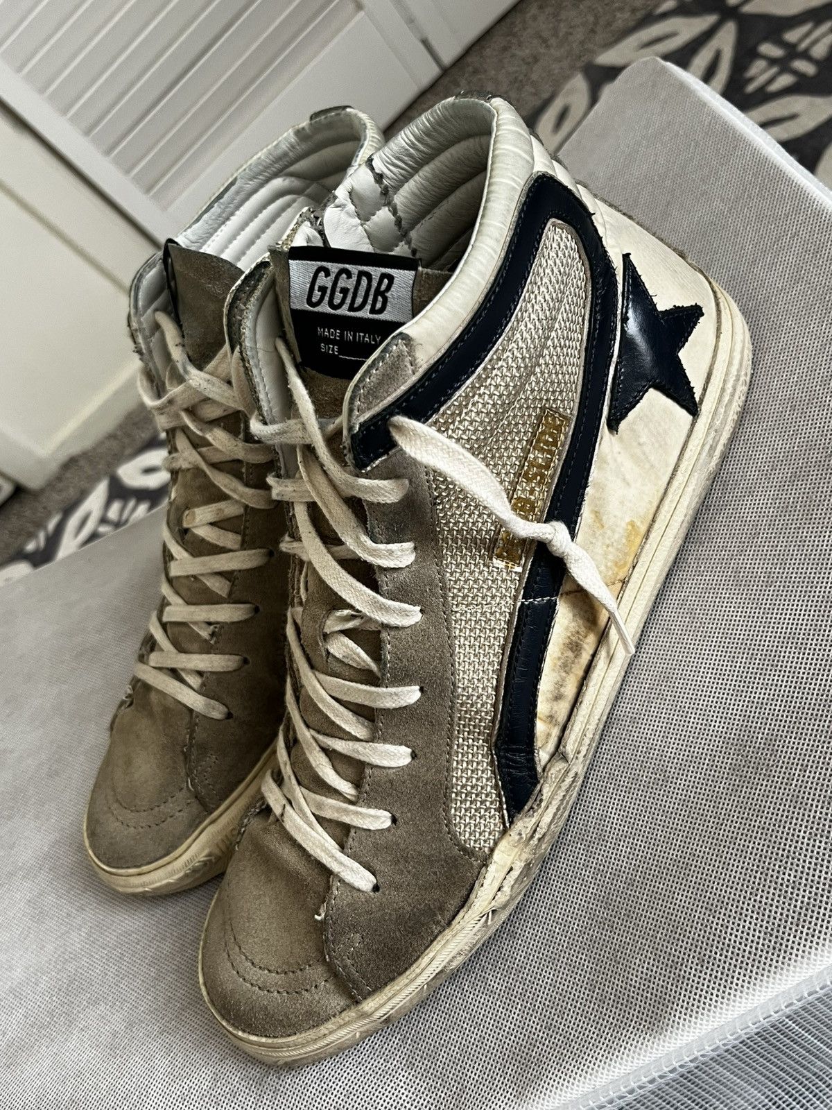 Golden Goose Slide in beige mesh and nylon with blue leather star/flash Size US 10.5 / EU 43-44 - 4 Thumbnail