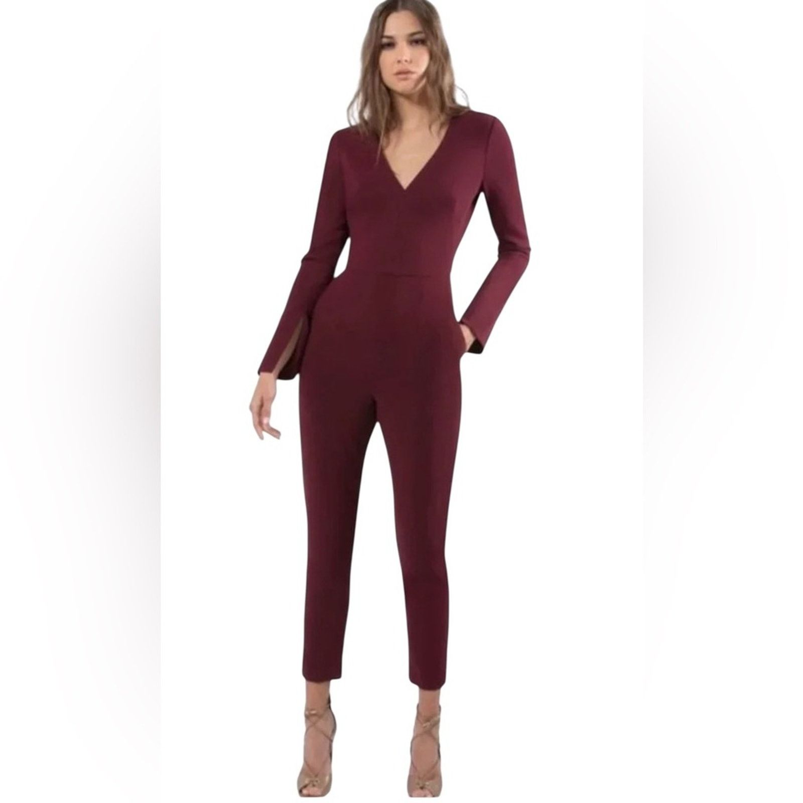 Black Halo Black Halo Sambra Jumpsuit Bell Split Sleeve Plunge Neck 2 Size 26" / US 2 / IT 38 - 1 Thumbnail