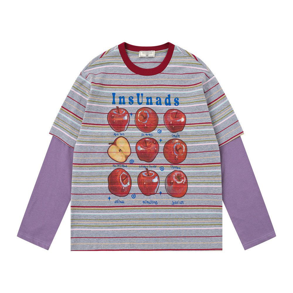 Japanese Brand Retro Apple Print Faux Two-Piece Striped Long-Sleeve T-Shirt Size US M / EU 48-50 / 2 - 1 Thumbnail