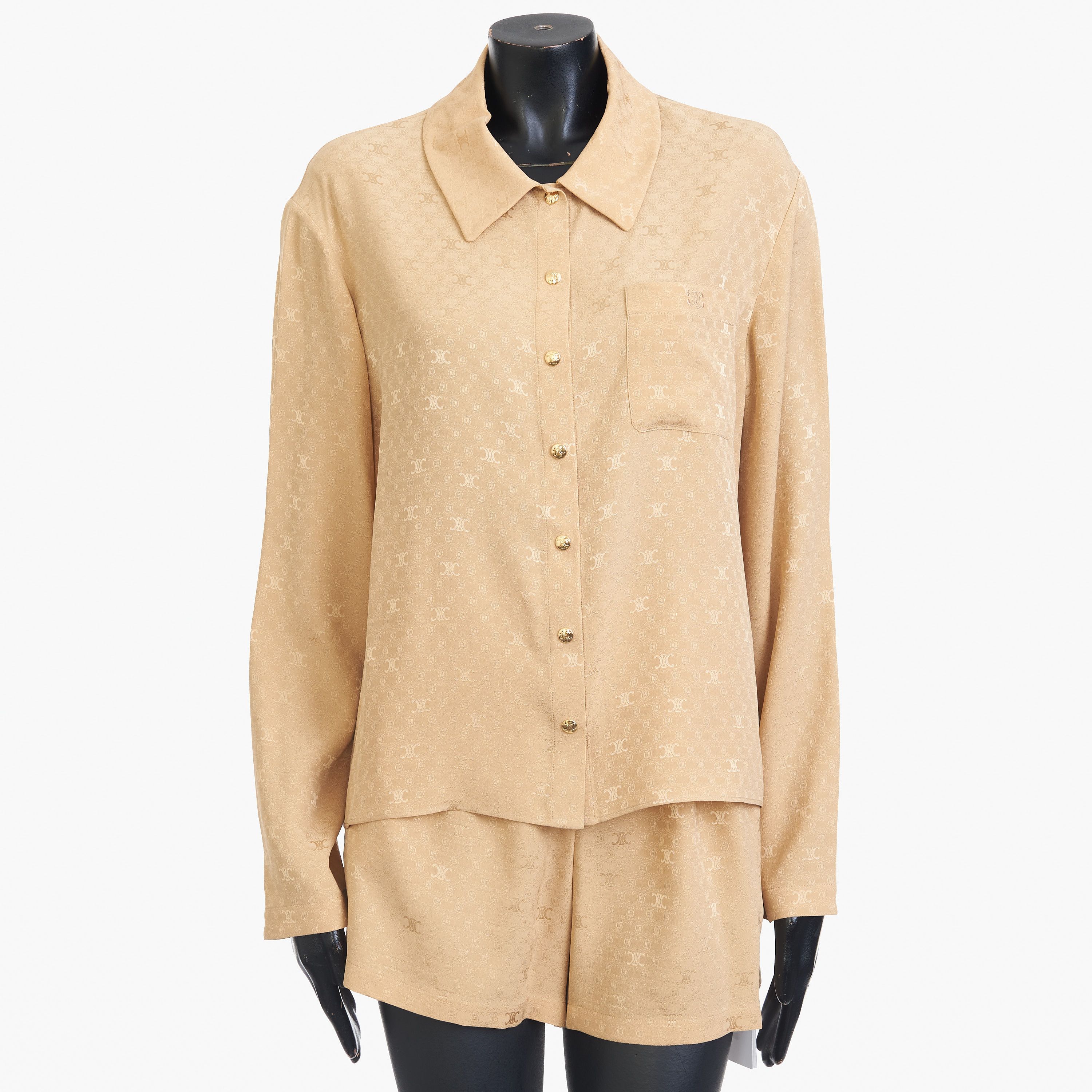 image of Celine Shirt Collar Blouse With Triomphe Embroidery in Caramel Brown, Women's (Size XL)