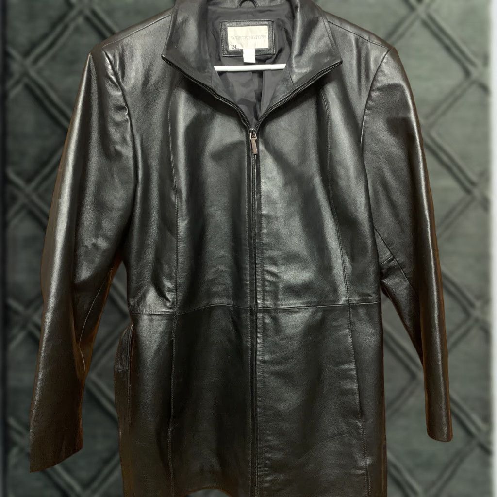 Worthington Worthington Women Large Black Leather Jacket Belted Full Zip Lined | Regular Size | 31" Length | Pockets | Fall Spring Winter | Couture Classic Style Size L / US 10 / IT 46 - 1 Thumbnail
