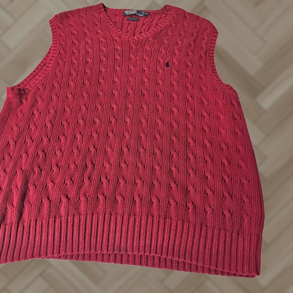 Polo Ralph Lauren Polo Ralph Lauren Vest Mens Red Cable Knit V-Neck Pocketed All Seasons Classic Cotton XL Size US XL / EU 56 / 4 - 1 Thumbnail
