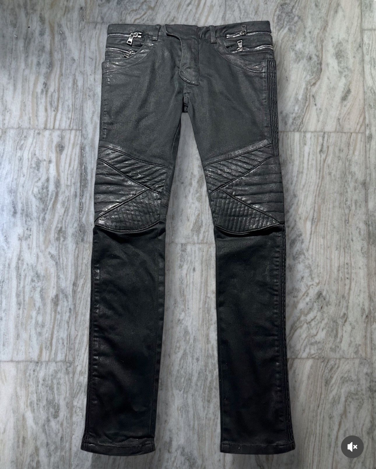 Balmain AW/14 Waxed Zip Waist Moto Denim