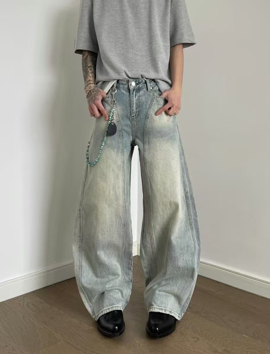 Japanese retro washed distressed patchwork scimitar jeans