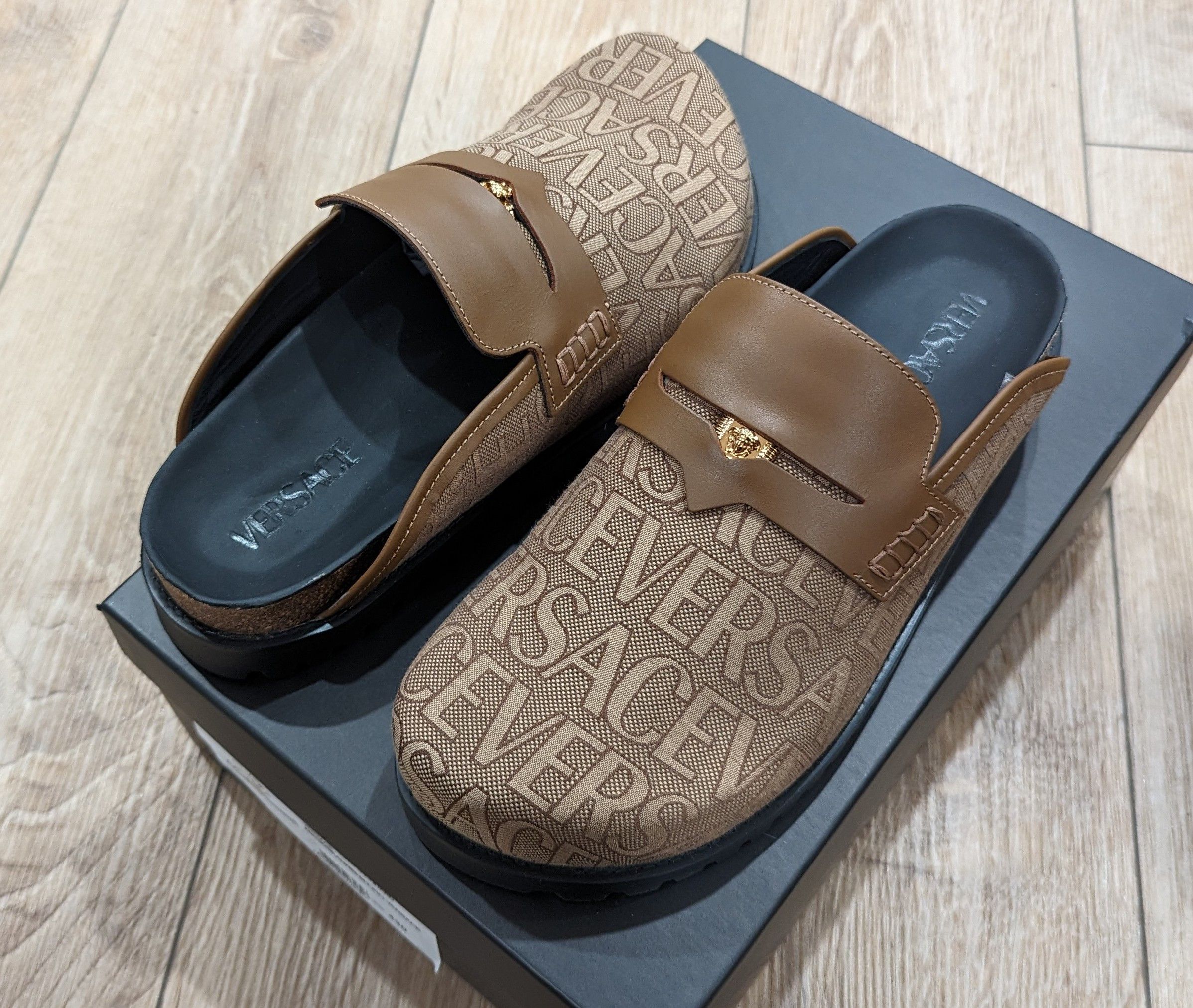 image of Versace Logo Leather Trim Canvas Loafers Brown 43 Us 10 in Brown/Beige, Men's