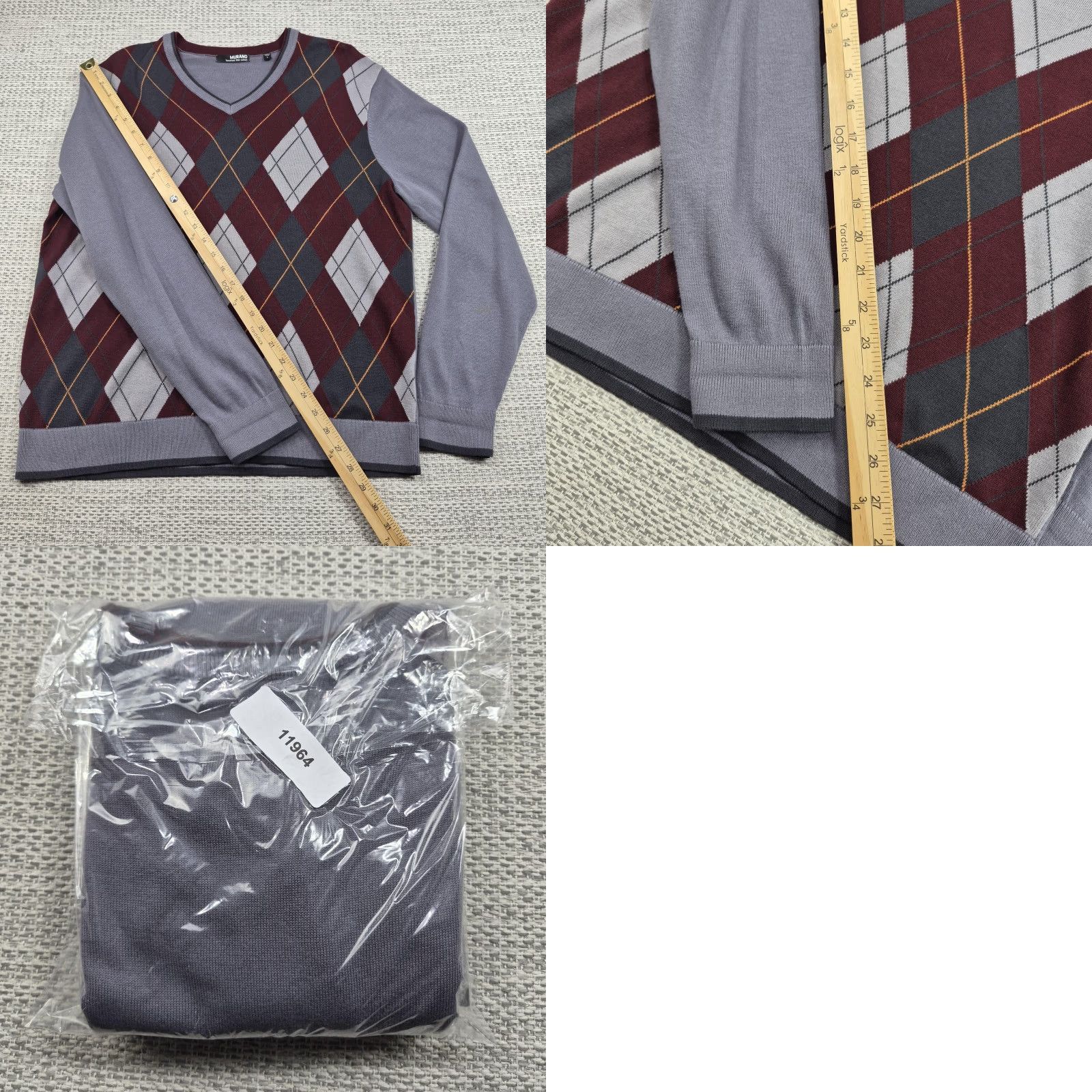 Murano Murano Mens Large Gray Burgundy Argyle V Neck Soft Cotton Knit Pullover Sweater Size US L / EU 52-54 / 3 - 9 Thumbnail