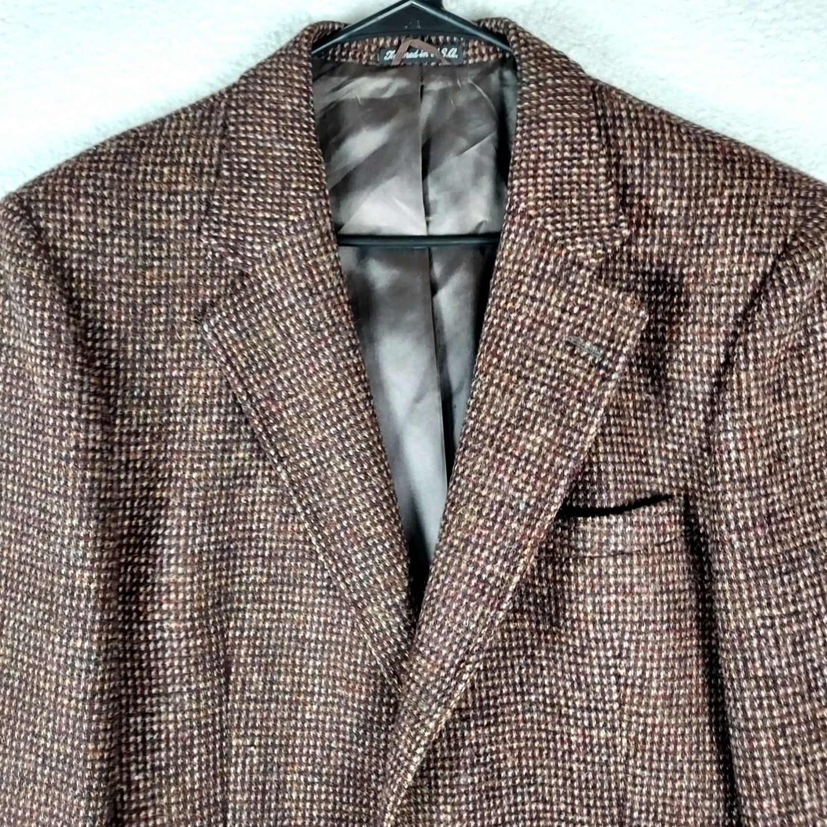 Stafford Stafford Wool Blazer 100% Pure Wool Brown Tweed Check Single‑Breasted 2‑Button Notch Lapel Mens Jacket 44R USA Size 44R - 5 Thumbnail