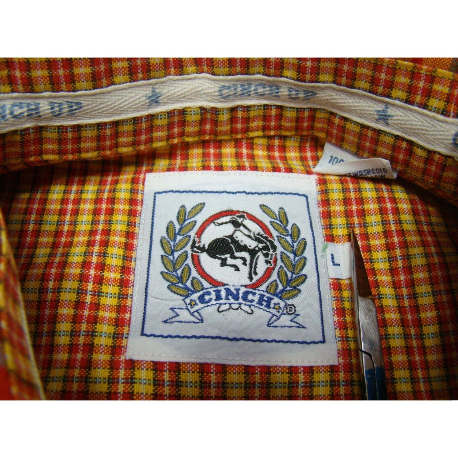Vintage Cinch Mens Large Red Yellow Orange Plaid Long Sleeve Western Shirt Oxford Cotton Button-Up Size US L / EU 52-54 / 3 - 6 Thumbnail