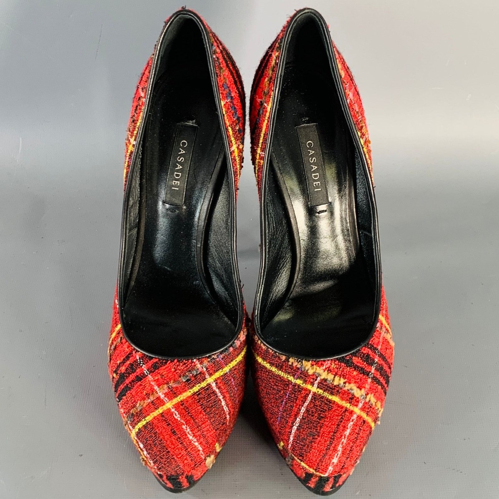 Casadei CASADEI Black Yellow Tweed Plaid Leather Trim Platform Pumps Size US 9 / IT 39 - 4 Thumbnail