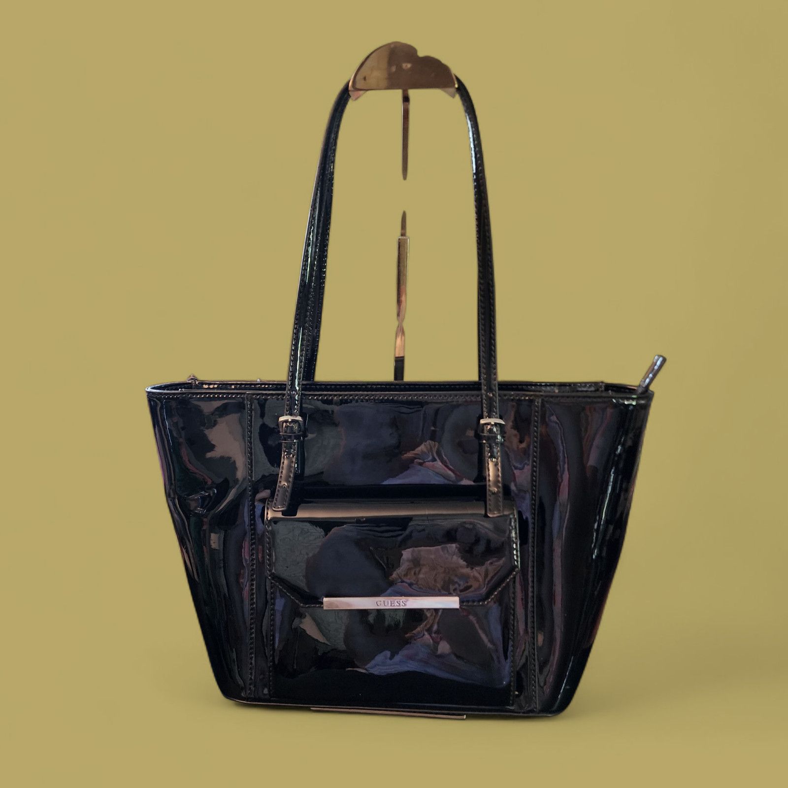 Guess Black Patent Leather Shoulder Bag, Women's