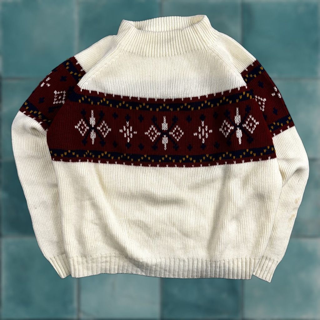 VTG 70s JC Penney Nordic Snowflake Ski Sweater White Large Mens - Holiday Winter Look Xmas