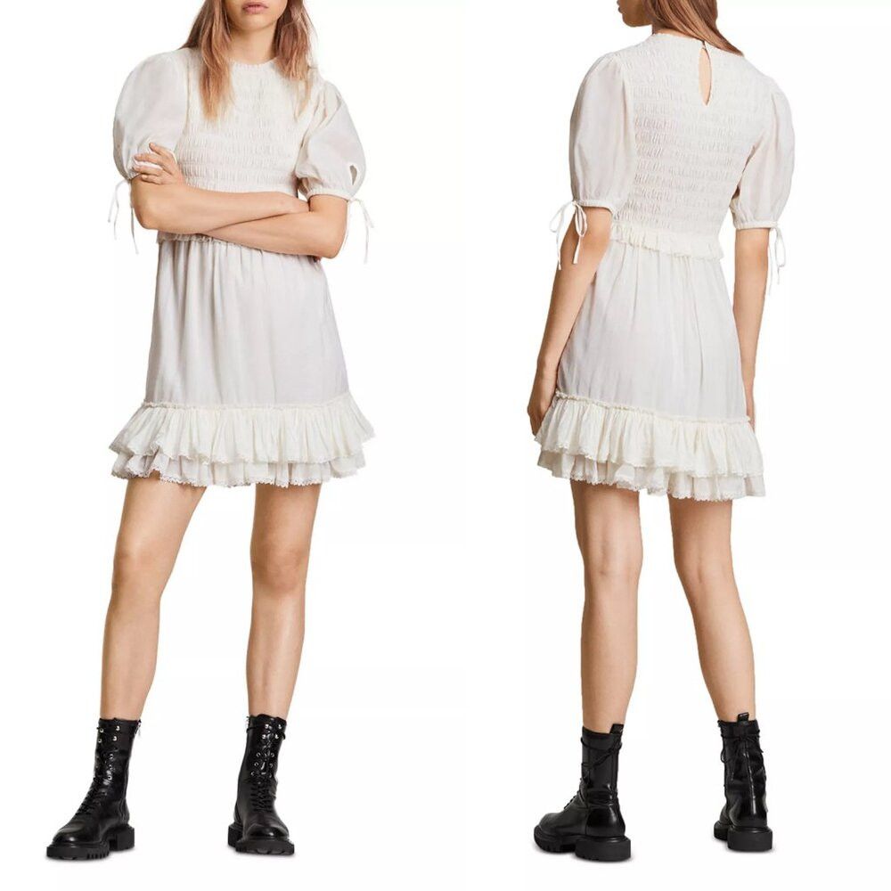 Allsaints New AllSaints Jaya Smocked Ruffle Ivory Viscose Mini Dress Size S / US 4 / IT 40 - 1 Thumbnail