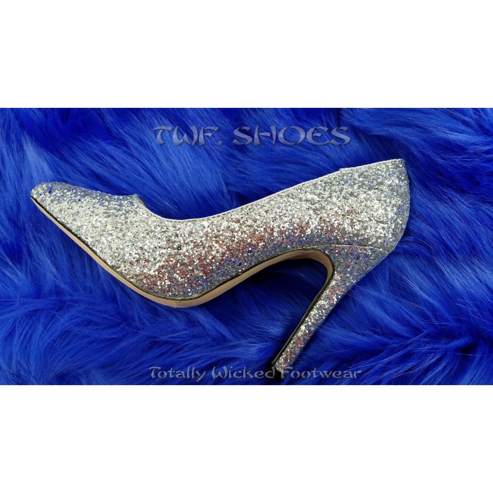 Other Monica 100 Silver Glitter 4" High Heel Shoes Pointy Toe Pump Size US 7 / IT 37 - 2 Thumbnail