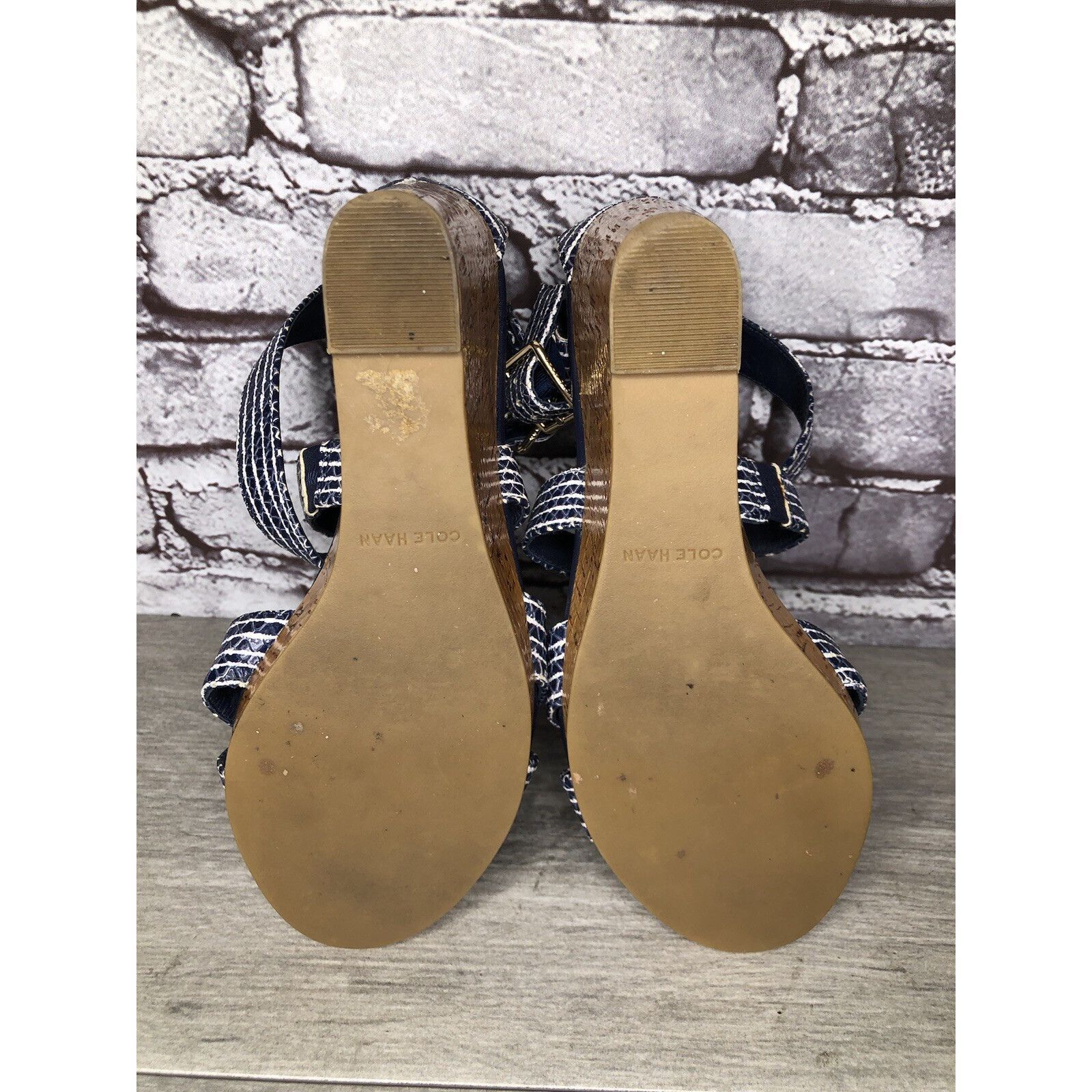 Cole Haan Cole Haan Grand OS Blue White Stripe Leather Cork Wedge Sand Size US 7.5 / IT 37.5 - 7 Thumbnail