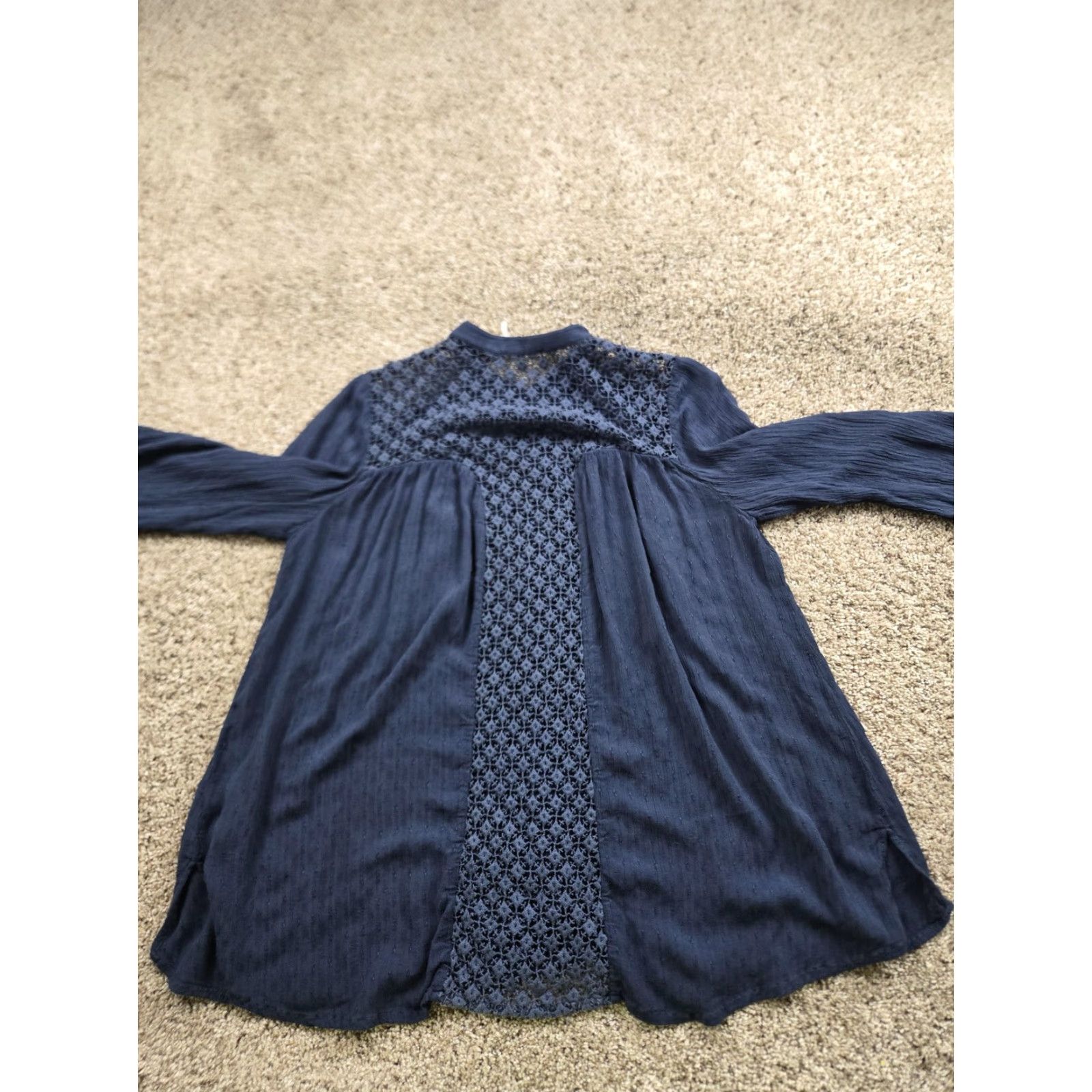Free People VINTAGE Free People Crochet Tunic Shirt Womens Medium Blue Button Up Long Sleeve Flowy Size M / US 6-8 / IT 42-44 - 6 Thumbnail