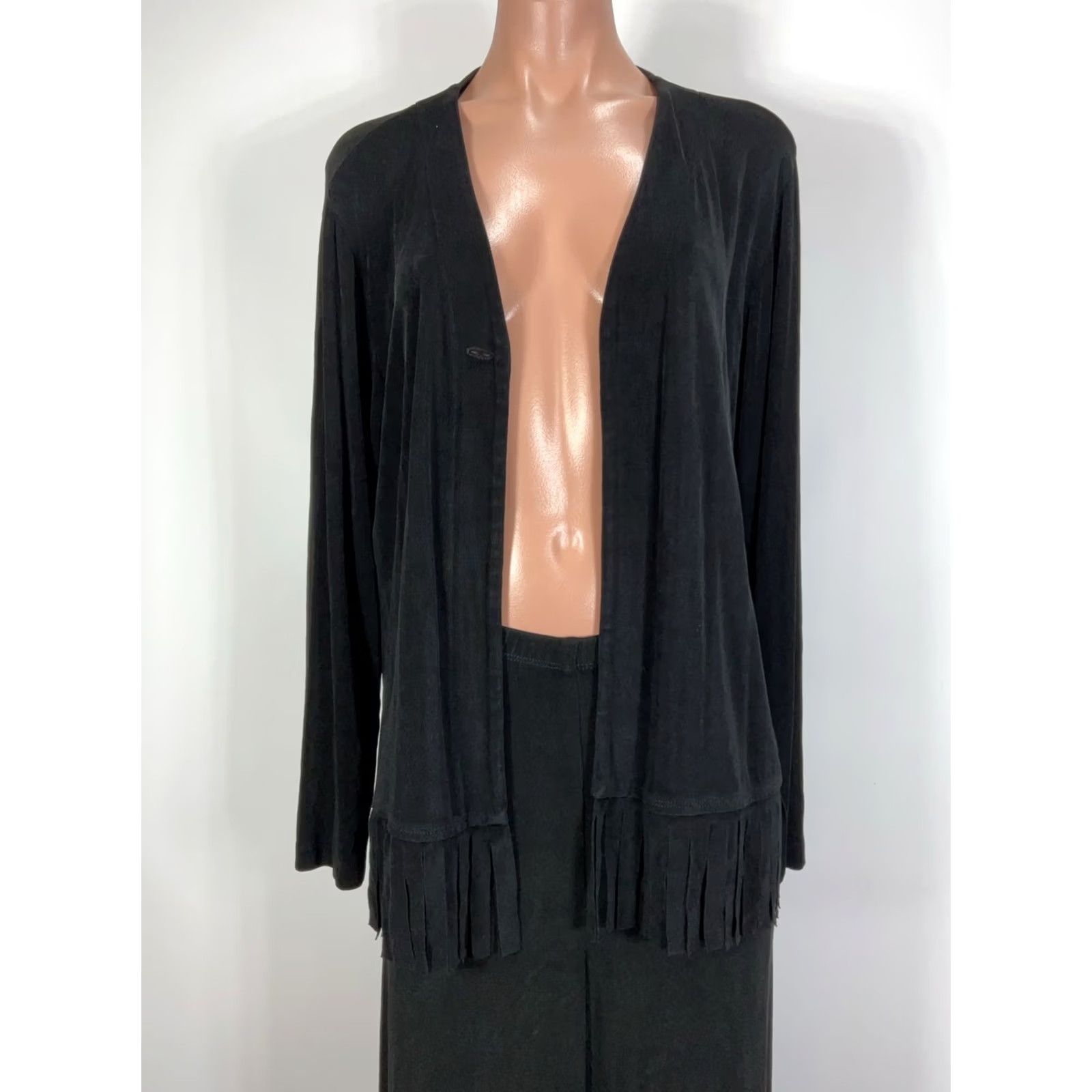 Vintage VINTAGE Chico's Travelers Set Slinky Cardigan Jacket Pants 2/L Fringe Open Front USA MADE Women Set/Outfit/2 Piece Black Knit Size L / US 10 / IT 46 - 3 Thumbnail
