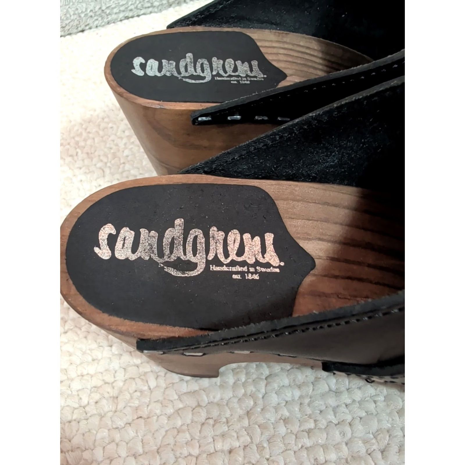 Vintage SANDGRENS Venice Clogs Mules Fringe Leather Black Wood Mid Heel Womens US 6 EU 36 Boho Casual Walking Handmade Shoes Slip On Contour Round Toe Size ONE SIZE - 3 Thumbnail