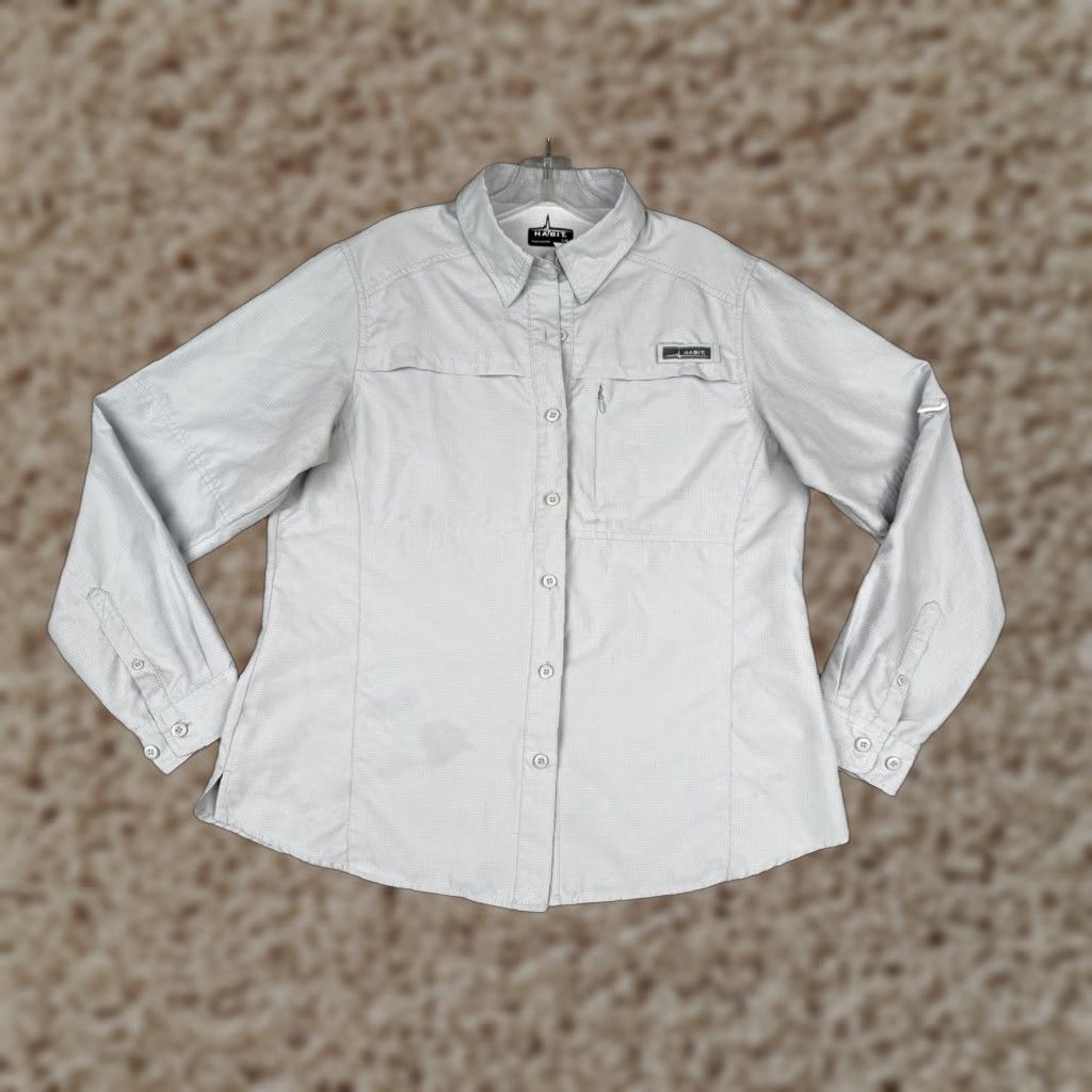 Habit Shirt Women Large Gray Button Up Fish Angler Cotton Vented Long Sleeve