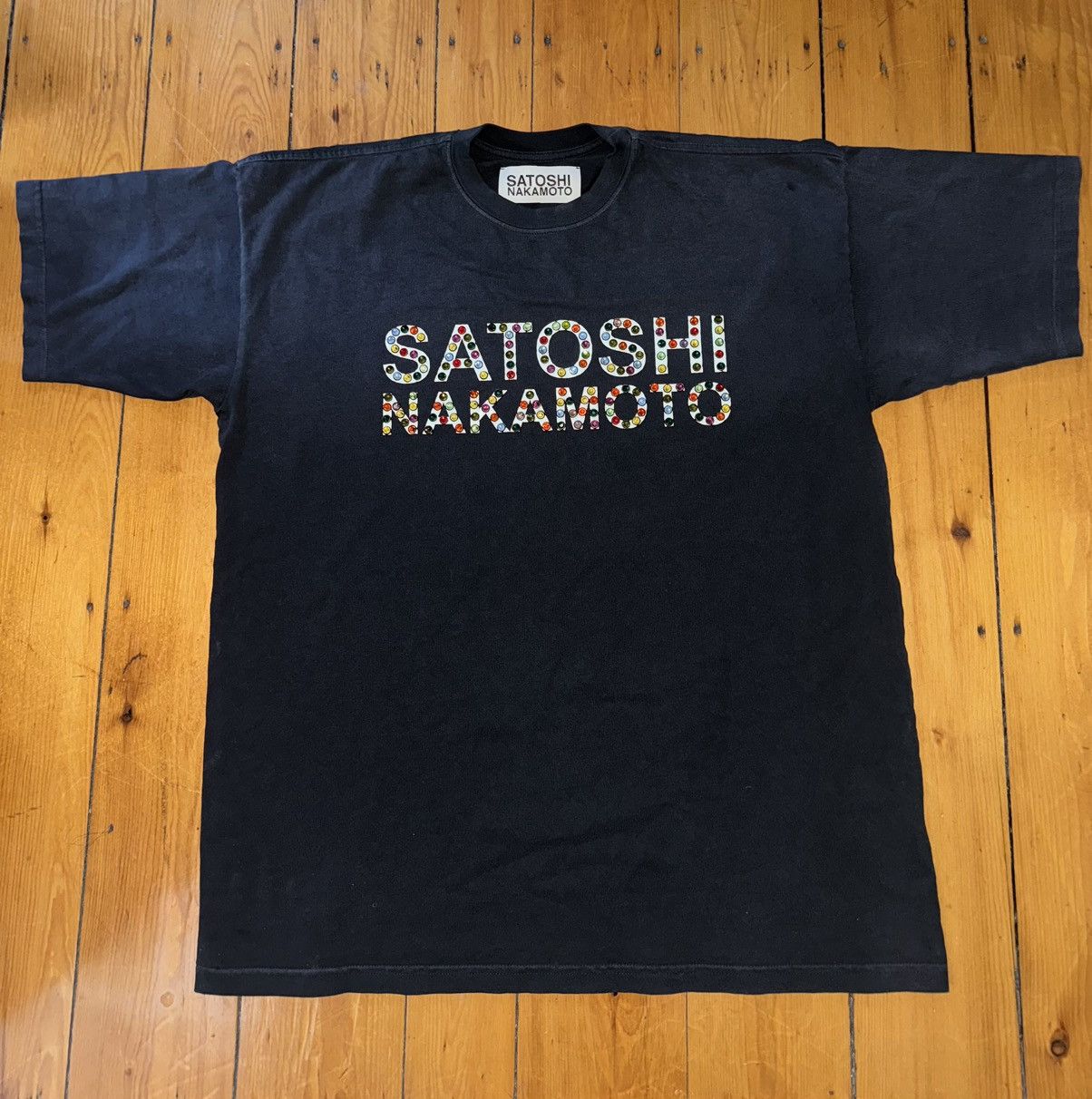 image of Satoshi Nakamoto Rhinestone Tee in Black, Men's (Size Small)
