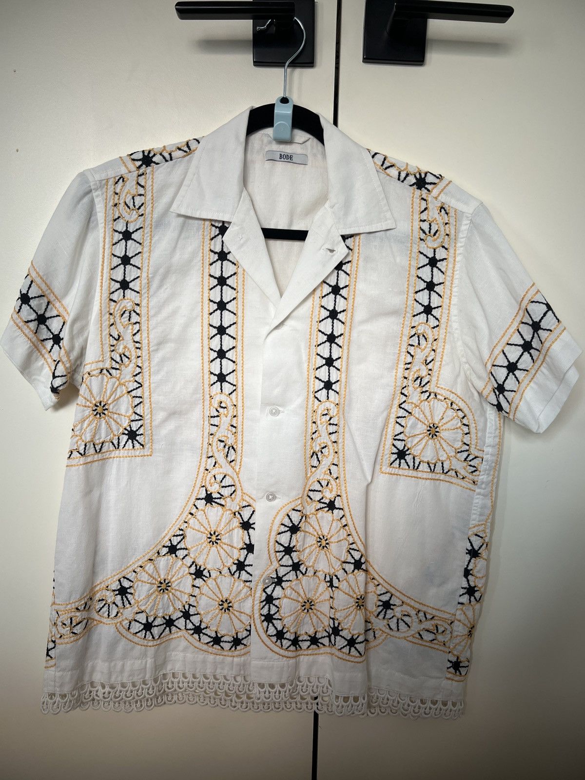 Image of Bode Ss Xs/s Black/white/yellow Pattern + Embroidered Shirt, Men's