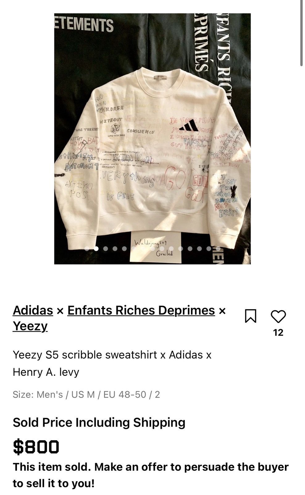 Yeezy Yeezy S5 scribble sweatshirt x Adidas x Henry A. levy Size US L / EU 52-54 / 3 - 20 Thumbnail