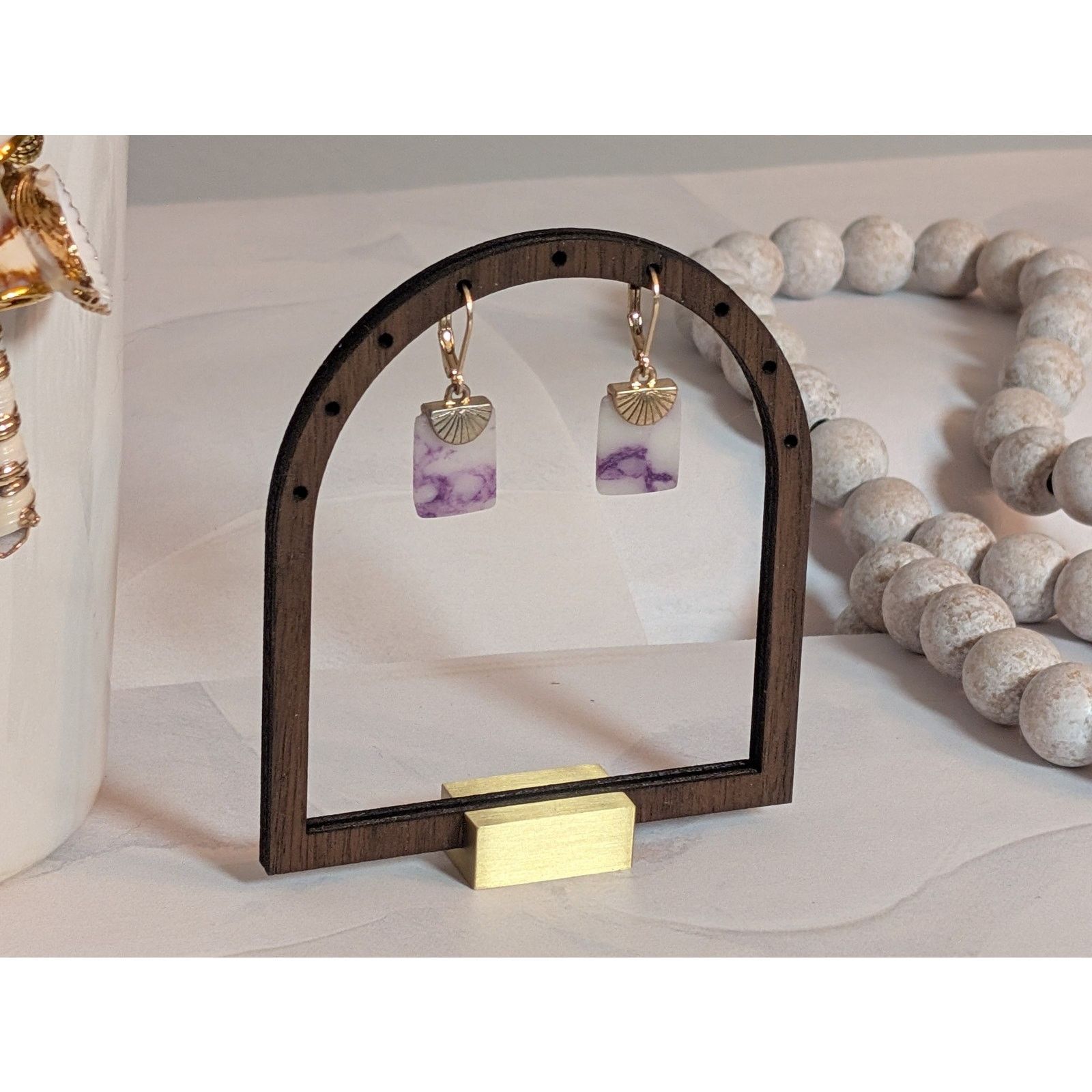 Vintage VTG 1980s Gold-Tone Faux Marble Puple Dangle Drop Earrings Size ONE SIZE - 2 Thumbnail
