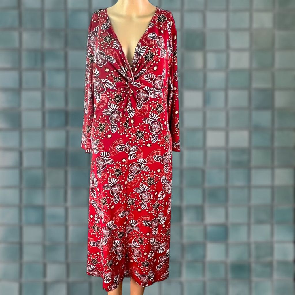 Vintage VINTAGE Vtg Notations Womens Floral Long Sleeves V Neck Twist Front Red Midi Dress Sz XL Size XL / US 12-14 / IT 48-50 - 1 Thumbnail