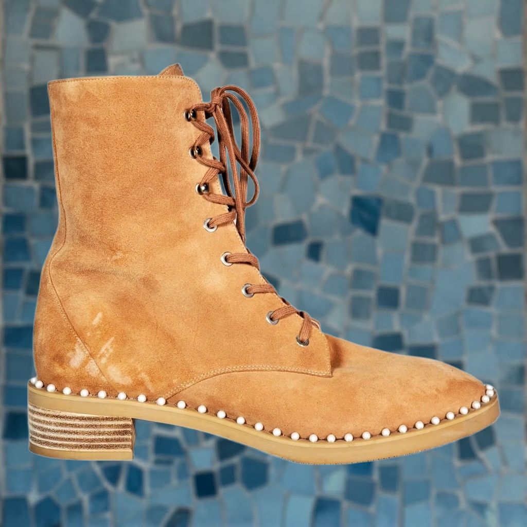 Stuart Weitzman Stuart Weitzman Sondra Pearl Embellished Suede Combat Boots Women's US 11.5 B Tan Leather Lined Lace Up Round Toe, Platform/City, EUC Size US 12 / IT 42 - 1 Thumbnail