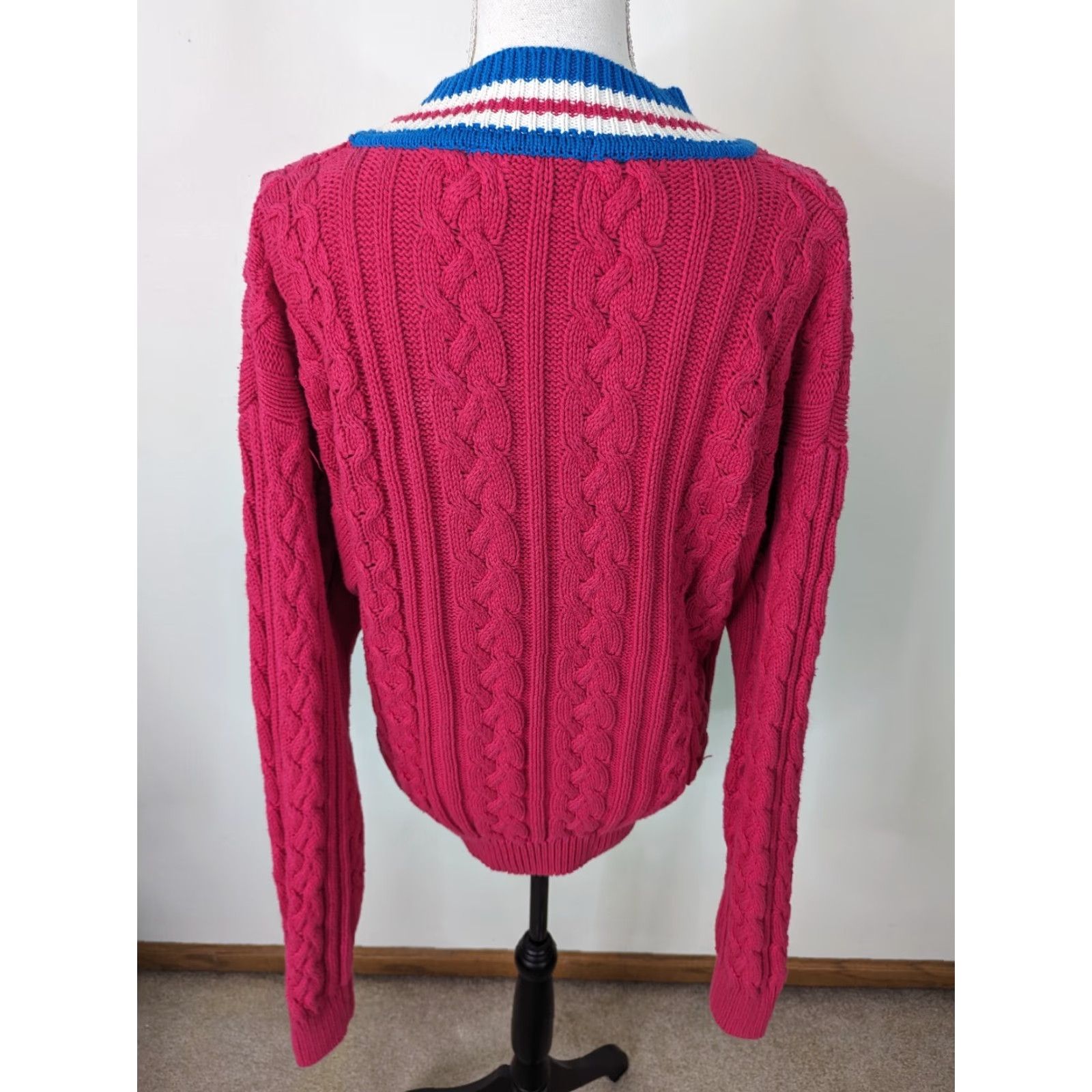 Nautica VINTAGE Pink Cable-Knit V Neck Nautical Sweater Women's Medium Cotton S12 Pullover Knit Size M / US 6-8 / IT 42-44 - 3 Thumbnail