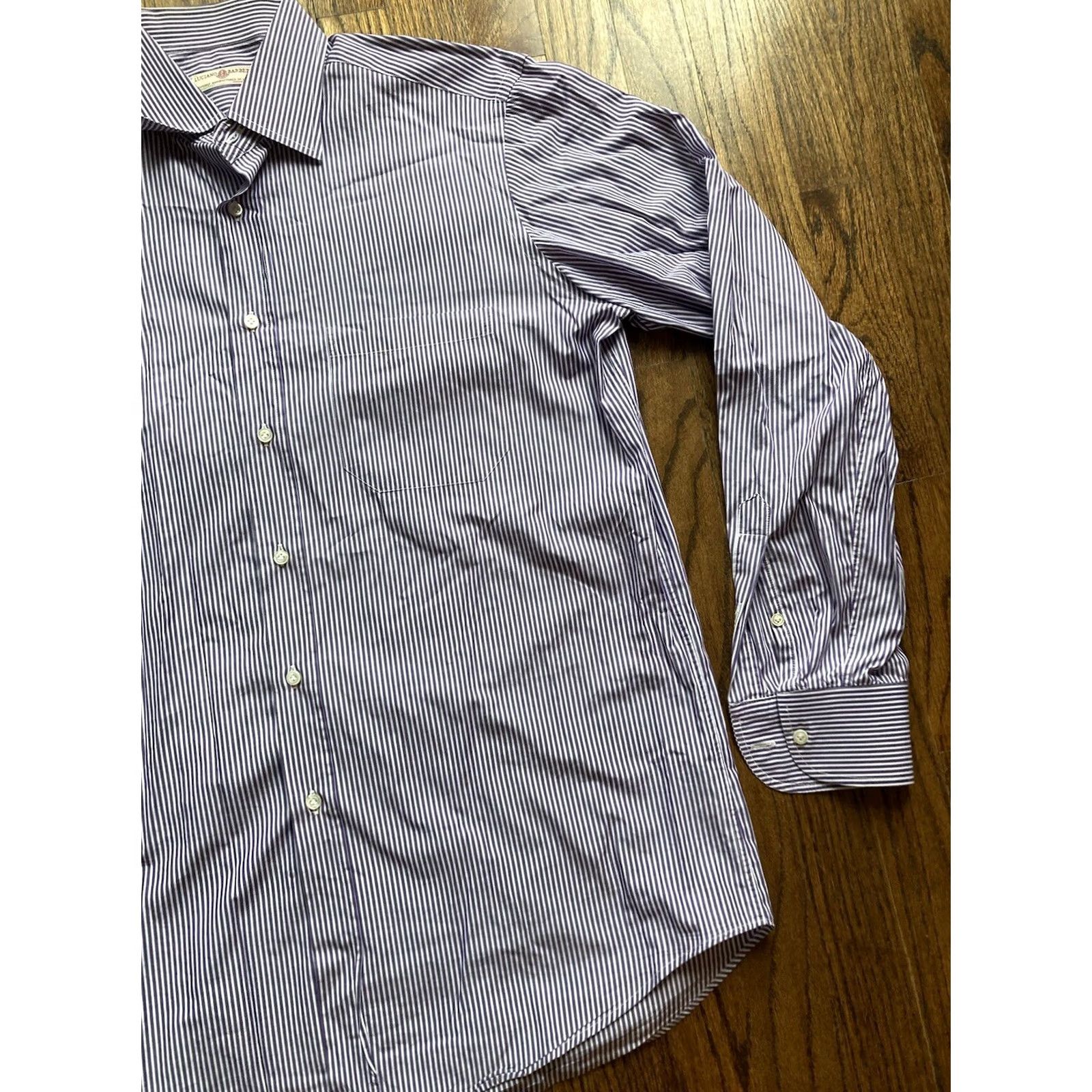 Vintage LUCIANO BARBERA Mens Large Striped Dress Shirt Purple Made In Italy Cotton Size 42R - 3 Thumbnail