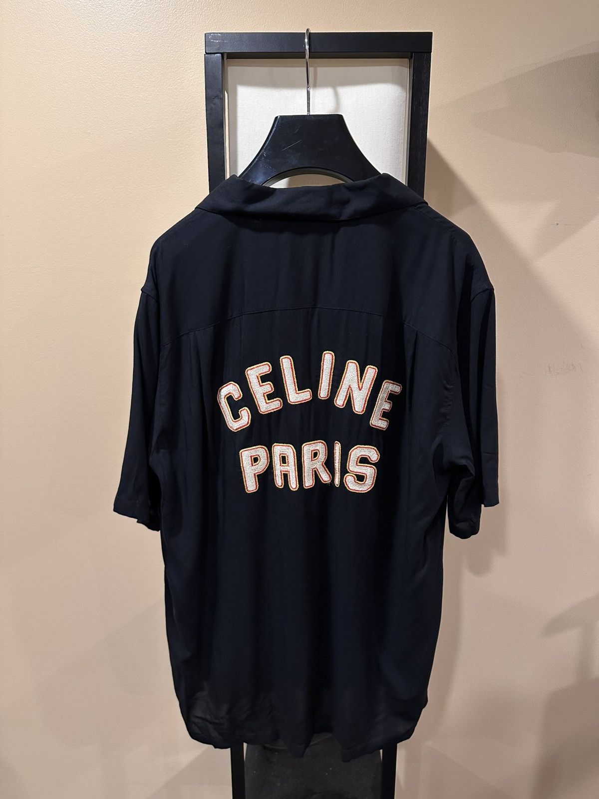 Celine x Hedi Slimane Hawaiian Embroidered Logo Black Shirt