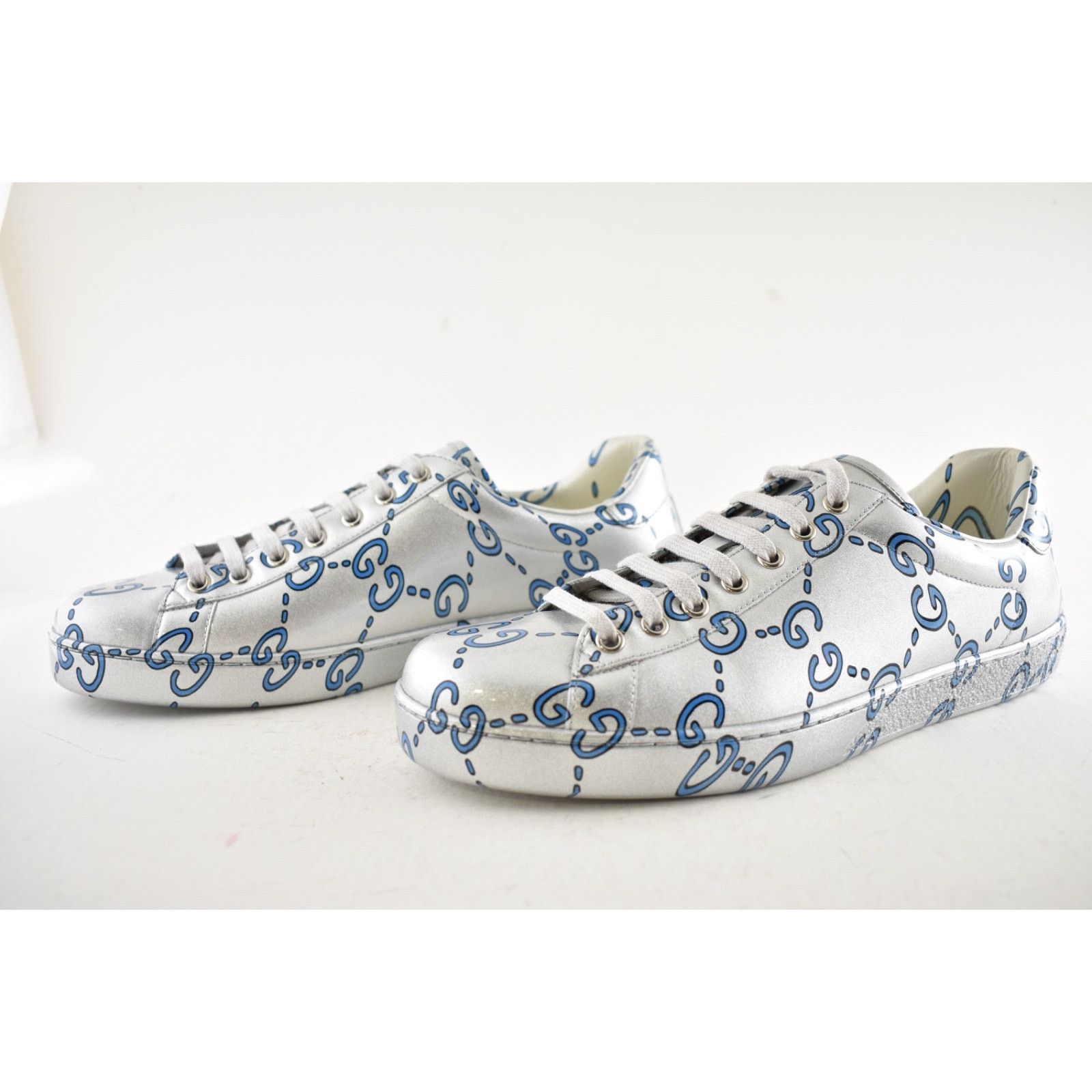 Gucci Gucci New Ace Silver Blue Ghost GG Leather Sneakers 9.5/10.5 Size US 10.5 / EU 43-44 - 13 Thumbnail