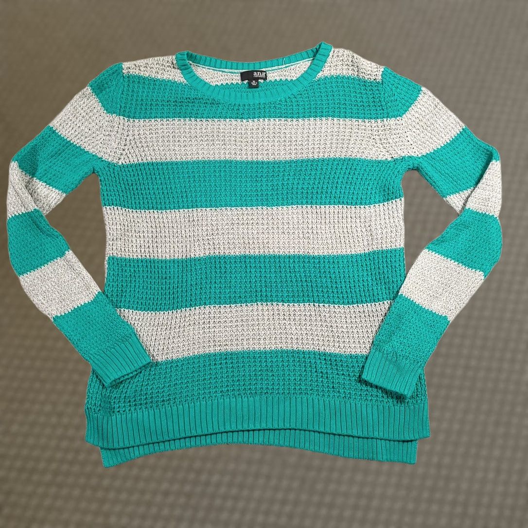 Vintage a.n.a Sweater Women's XL Green Gray Striped Long Sleeve Round Neck Open Knit Size XL / US 12-14 / IT 48-50 - 1 Thumbnail