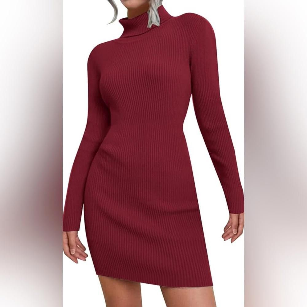 Designer Stylish Ribbed Turtleneck Dress - Wine Red Size L / US 10 / IT 46 - 1 Thumbnail
