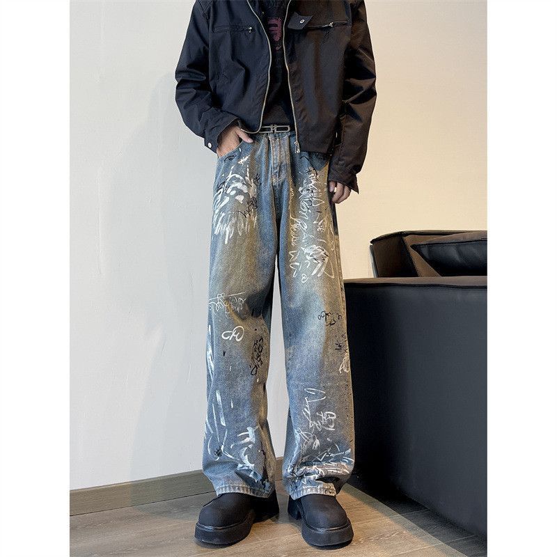Japanese Brand Retro loose wide leg graffiti printed jeans Size US 30 / EU 46 - 6 Thumbnail