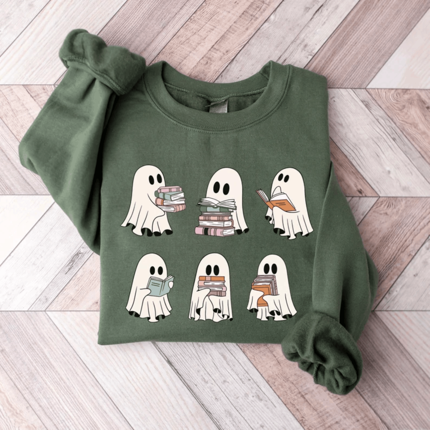 Vintage Ghost Reading Books Sweater, Bookish Halloween Sweatshirt Size M / US 6-8 / IT 42-44 - 1 Thumbnail
