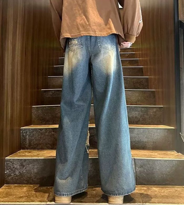 Japanese Brand Men's American retro loose wide-leg straight ripped jeans Size US 32 / EU 48 - 4 Thumbnail