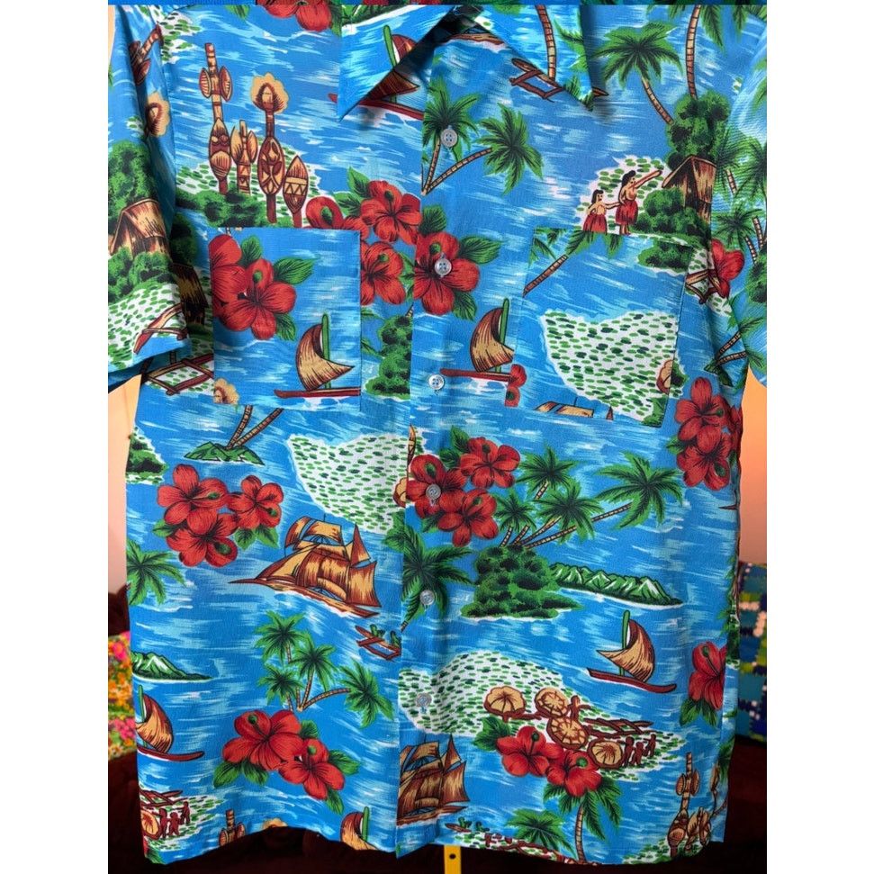 Vintage Vintage 70s Van Cort Blue Pink Hawaiian Tropical Shirt Small Size US S / EU 44-46 / 1 - 7 Thumbnail