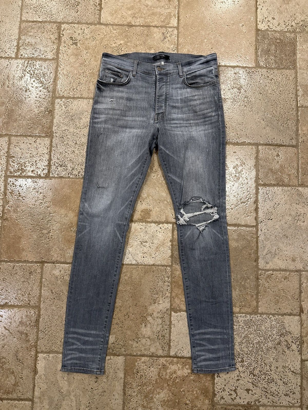 Amiri Grey Thrasher Ripped Knee Denim Jeans