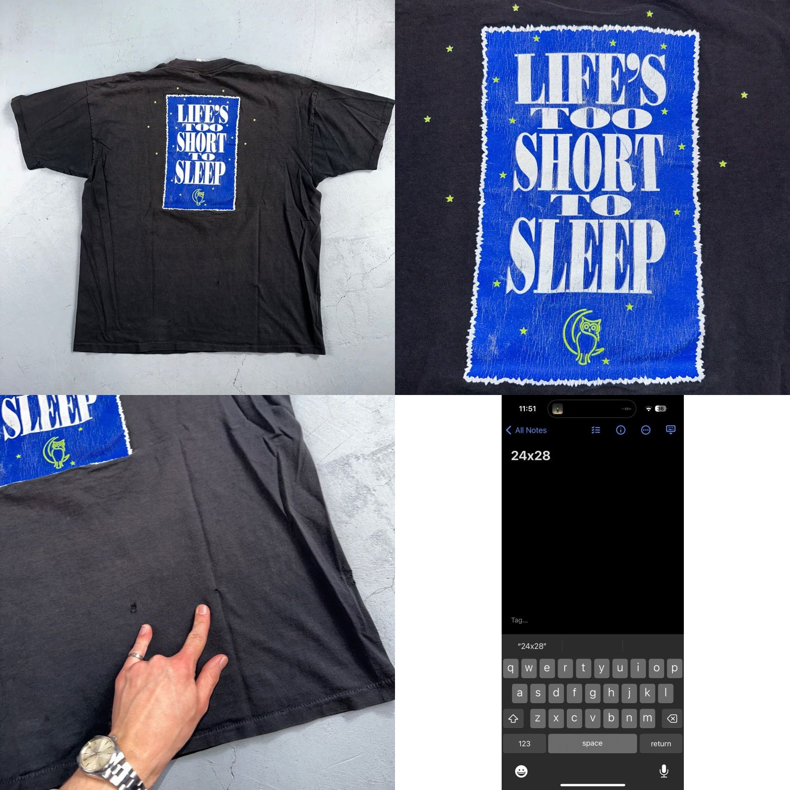 Vintage VINTAGE Denneys Til Dawn 90s VTG T Shirt Funny Owl Life Too Short Sleep Joke Text Faded Lightning Bolt Black Men L Crew Neck Short Sleeve Size US L / EU 52-54 / 3 - 8 Thumbnail