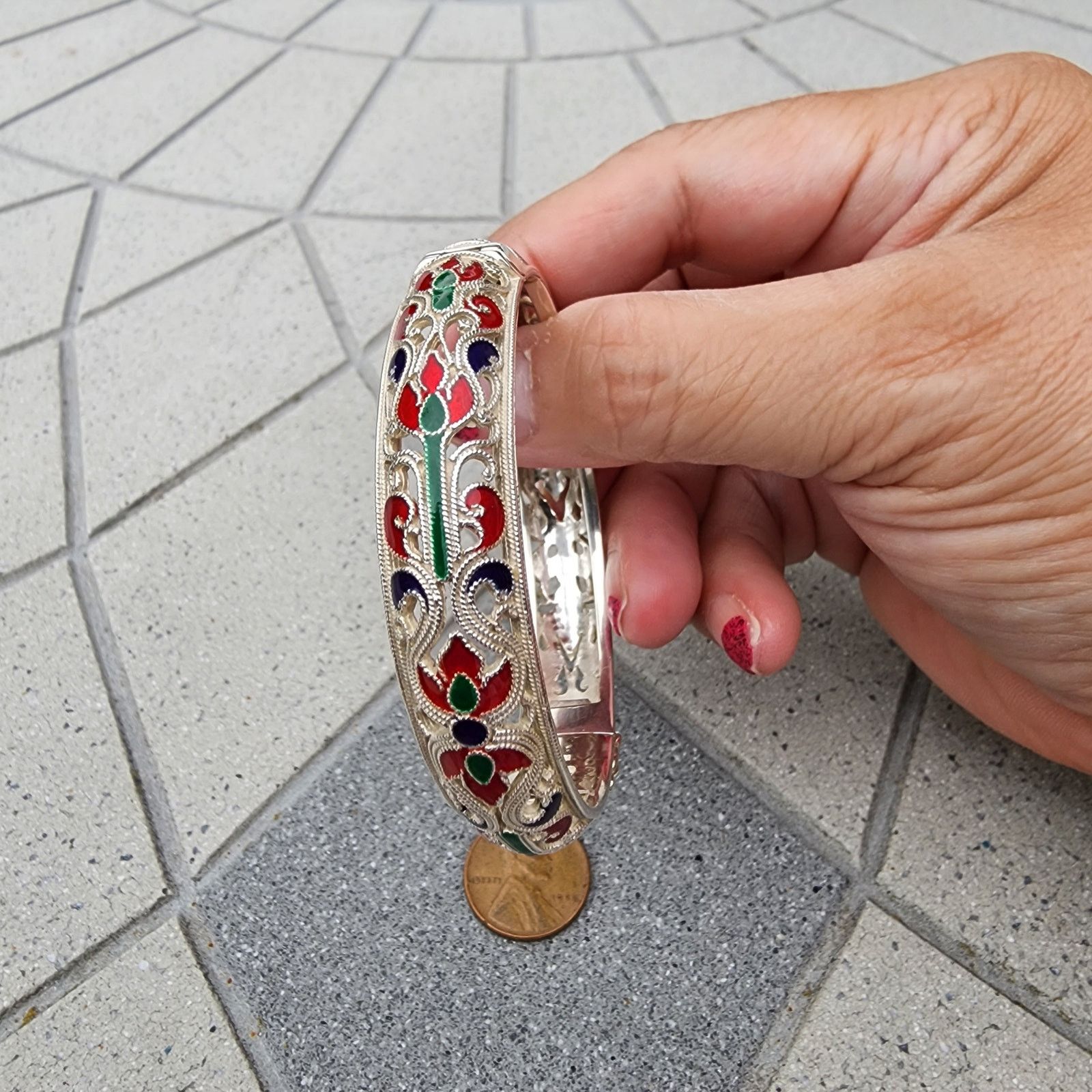 Designer .925 Sterling Silver Enamel Filigree Bangle Bracelet Vintage Size ONE SIZE - 9 Thumbnail