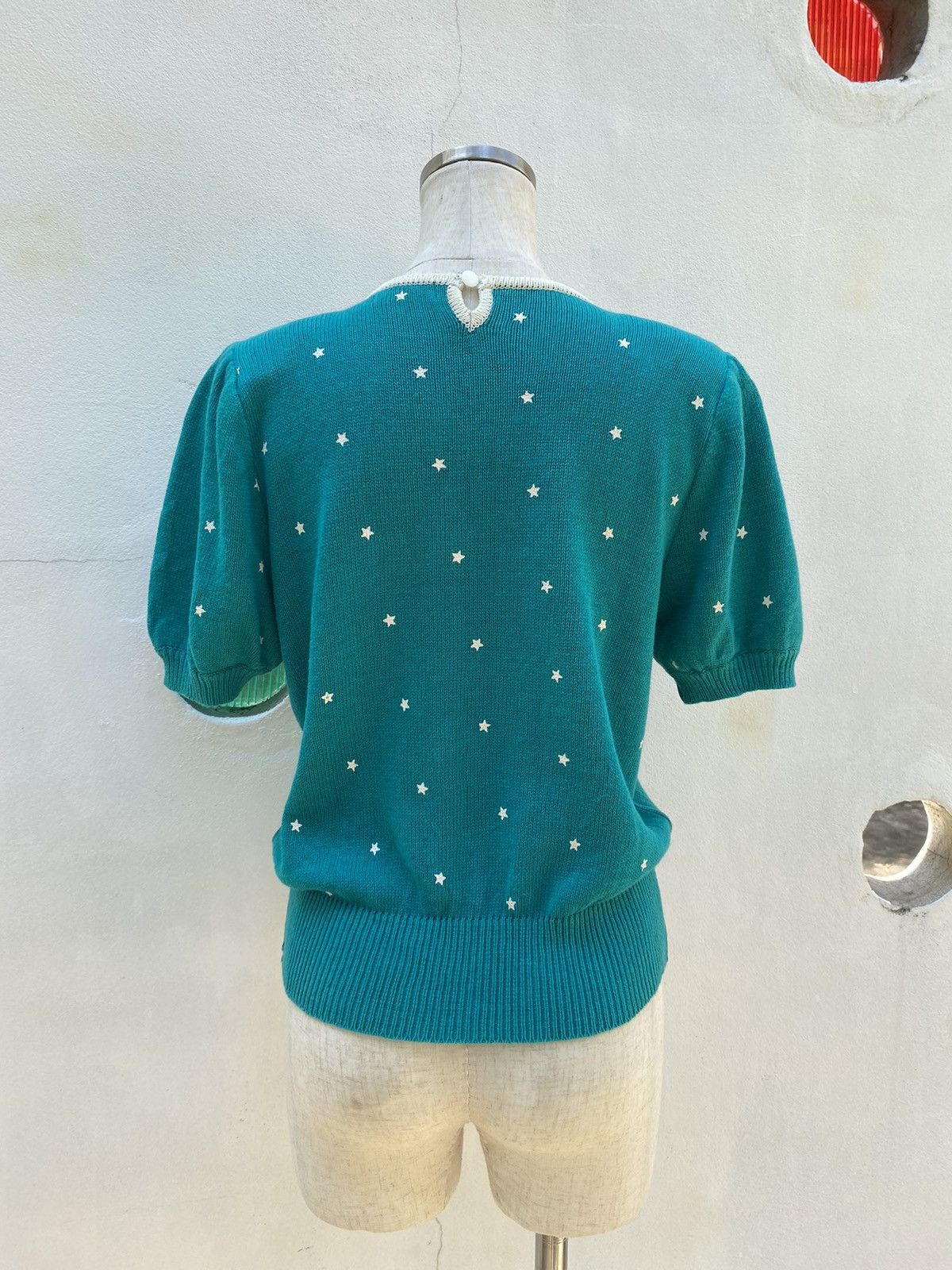 Vintage Paserio Teal Puff Sleeve Knit Top with Star Pattern Size S / US 4 / IT 40 - 13 Thumbnail