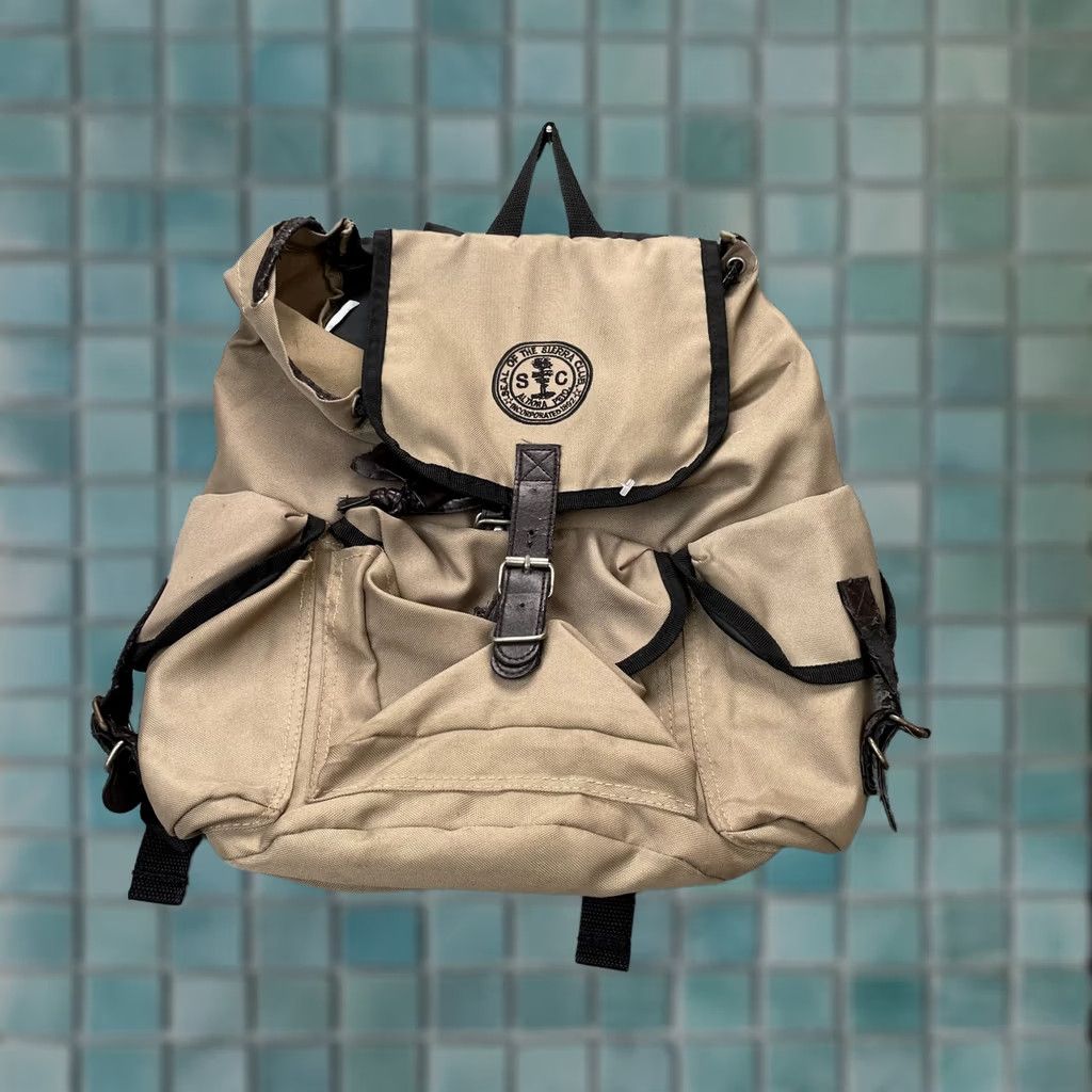 Vintage Sierra Club Backpack Large Canvas Faux Leather Hiking Outdoor Travel Bag Camping Mens Beige 16x15x5 Adjustable Padded Outer Pockets Size ONE SIZE - 1 Thumbnail