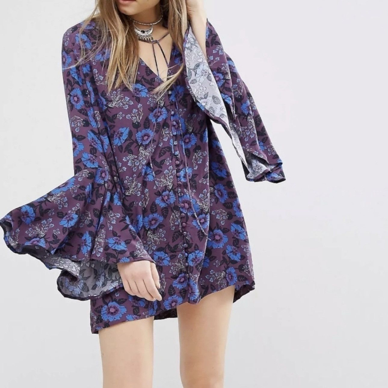 Free People FREE PEOPLE Purple Blue Boho Floral Mystery Tunic Blouse Size M / US 6-8 / IT 42-44 - 2 Thumbnail